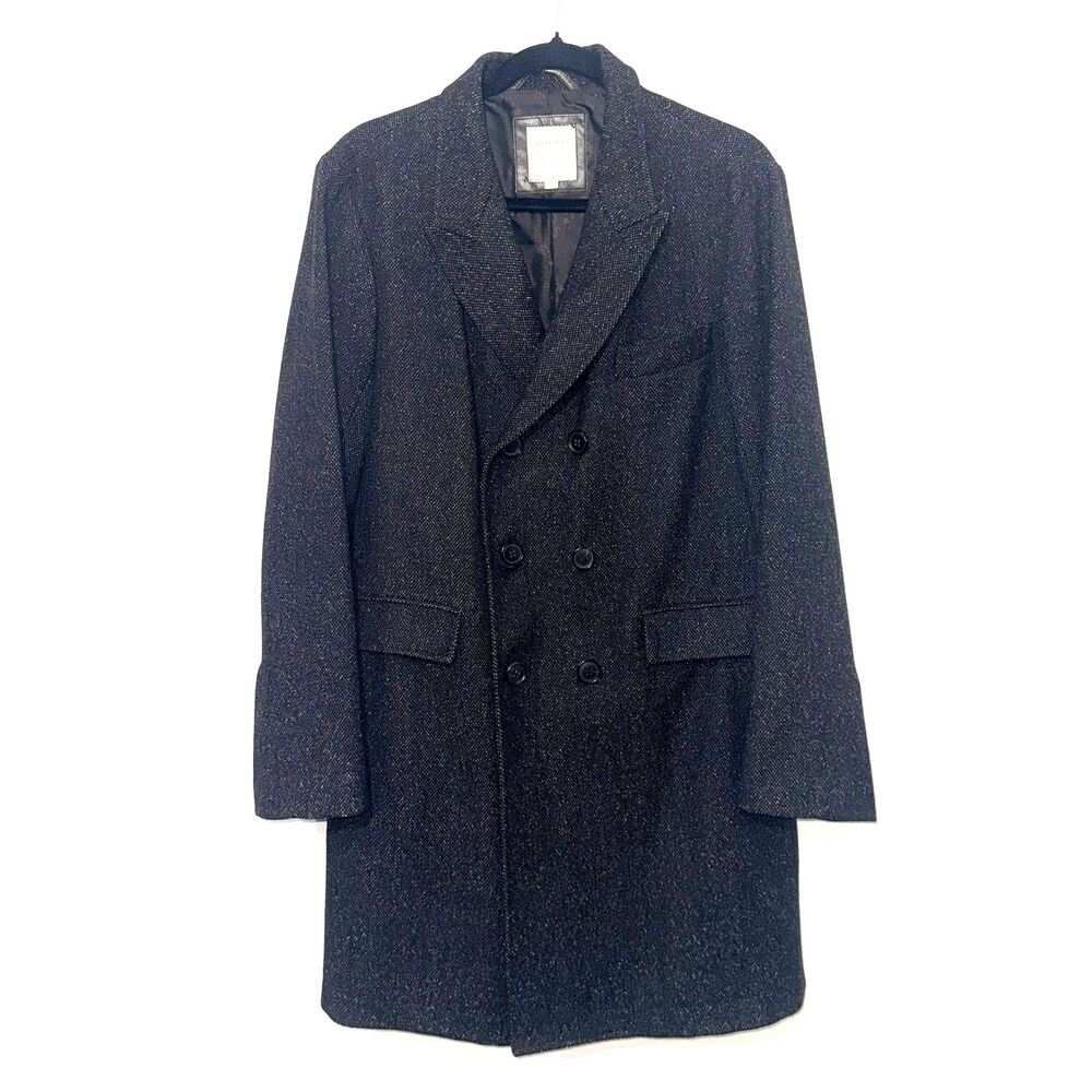 Billy Reid Wool/Silk Double Breasted Overcoat Flap Pockets - Black/Brown M